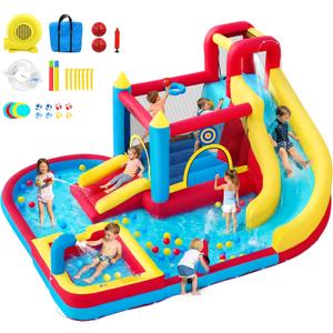 Bounce House with Slide & Blower, Inflatable Water Park Bouncy Castle with Climbing Wall, Ball Pit & Water Cannon for Indoor Outdoor Backyard Play