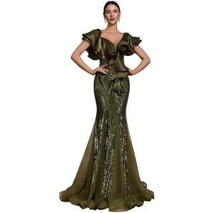 BluePlum Elegant Floor Length Dresses Women Formal V Neck Sequin Evening Gowns Event Gala Mermaid Mesh Prom Ball Dress Luxury Small