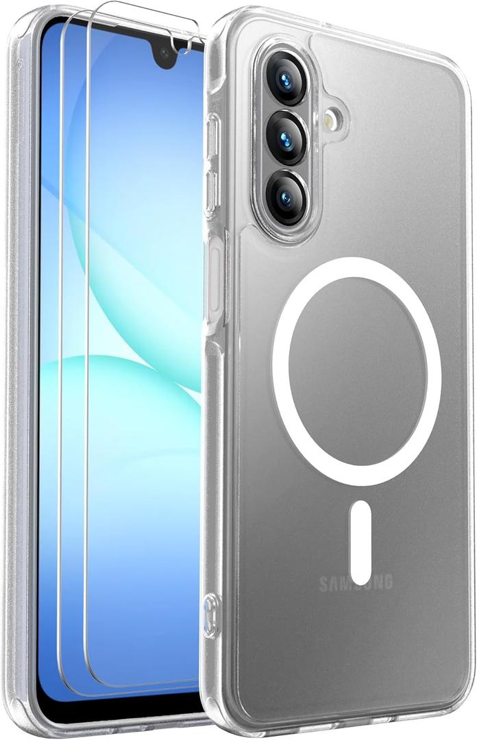for Samsung Galaxy A17 5G Phone Case Magnetic Shockproof, [Fit for MagSafe] [Glass Screen Protector] Soft-Touch Skin para Frosted Translucent Anti-Fingerprint Cover (Matte Frosted Clear)