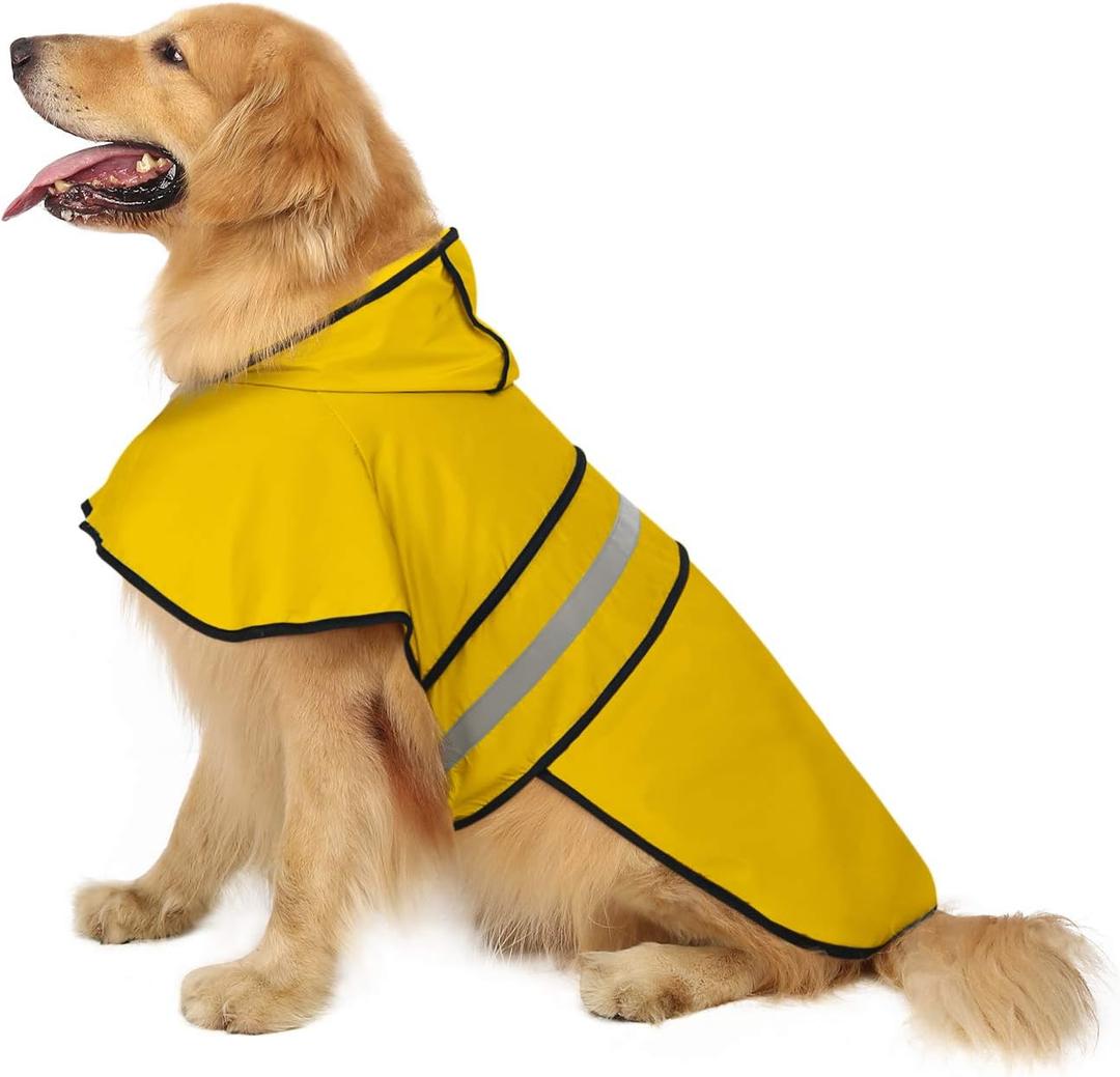 HDE Dog Raincoat Jacket Reflective Adjustable Hooded Pet Poncho Rain Coat with Leash Hole for Small to X-Large Dogs Yellow - XL