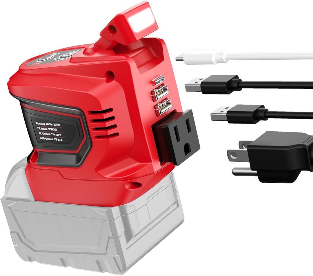 Power Inverter Compatible with Milwaukee 18V Battery,Ecarke Real 200W Portable Power Supply Inverter,DC 18V to AC 110V~120V Battery Station with 2 USB&AC Powered Outlet Phone Charger(Tool only)