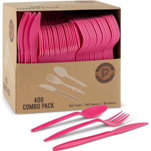 PLASTICPRO 400 Pack Disposable Plastic Utensils Assorted Colored Cutlery Combo Set Forks Spoons Knives Silverware, Pink Plastic Cutlery for Parties