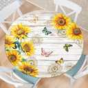 Sunflower Round Fitted Tablecloth with Elastic Edge Wood Texture Floral Outdoor Tablecloth Waterproof Table Cover for Picnic Dinner Party Decor Fits 36-40" Diameter Round Tables