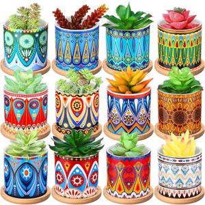 Zopeal 12 Pcs 3 Inch Succulent Pots Succulent Planters Cylinder Ceramic Pots Mandala Multicolor Cactus Pot with Drainage Holes and Bamboo Trays for Indoor Plants Flowers Cactus Garden Decoration