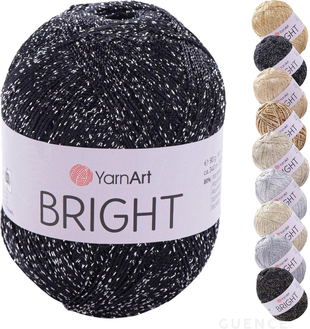 YarnArt Bright Metallic Glitter Yarn  80% Polyamide 20% Metallic Polyester, 90g 340m, Soft Sparkle Fiber for Crochet, Lace, Summer Tops & Accessories  4 mm Needle & Hook (107, Black Silver)