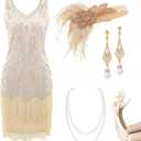 Women’s Flapper Dresses Set 1920s V Neck Beaded Fringed Great Gatsby Dress with Accessories Set M