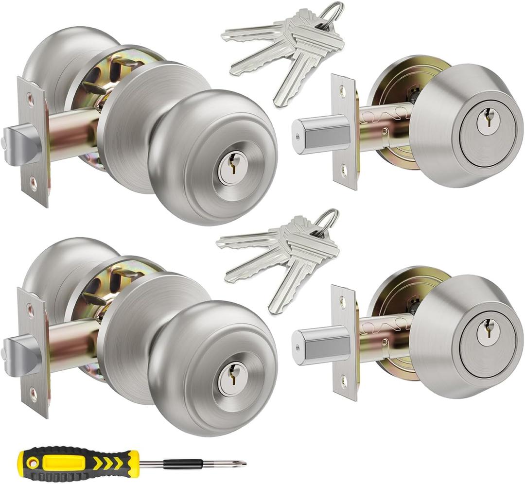 2 Set All Keyed Same Entry Door Knobs and Single Cylinder Deadbolt Combo Set for Entrance and Front Door, Keyed Alike Exterior Door Lock Set with Keys, Satin Nickel Deadbolt Lock and Door Knob Set