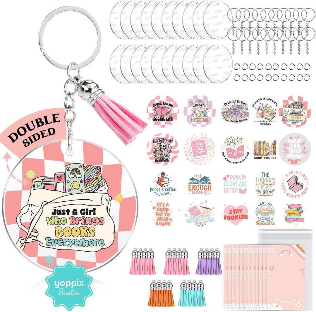 140 PCS Acrylic Keychain Blank Set, Book Double-Sided UV DTF Stickers Acrylic Keychain Making Kits for Vinyl DIY Craft Project Employee Appreciation Gifts