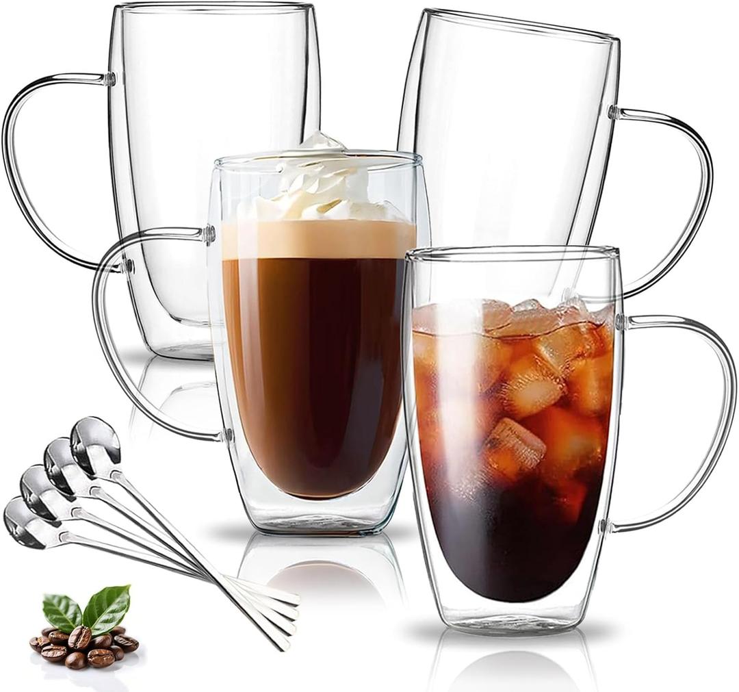 DINGPAl 15 oz Double Walled Glass Coffee Mugs, Set of 4 Large Double Wall Layer Coffee Mug Insulated Borosilicate Glass Cups with Handle and Spoon for Latte, Cappuccino, Espresso, Americano