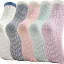 Bevigorio Non Slip Slipper Socks for Women Hospital Fuzzy Socks with Grips Cozy Grippy Winter Warm Gifts (5pairpatchwork)