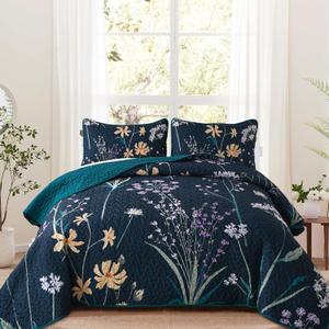 Dobuyly Floral Quilt Set King Size Dark Green Botanical Bedspread Coverlet Set 3 Pieces Soft Lightweight Microfiber Flower Quilt Bedding Set for All Season, 104"x90"