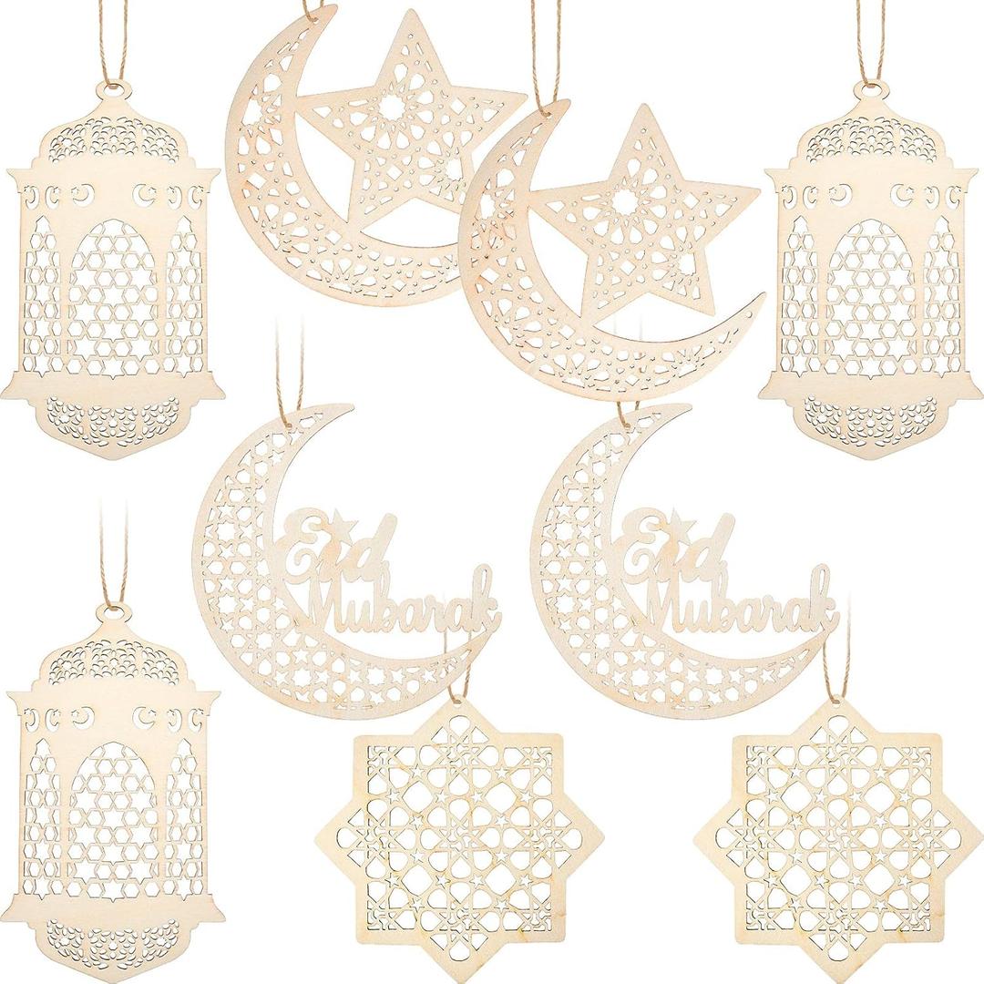 9 Pieces Ramadan Decorations for Home, Wooden Pendant Ornament Ramadan Kareem Hollow Moon Star Wind Light Shape Pendant Ornament Rustic Happy Eid Hanging Sign for Mubarak Eid Party Decorations