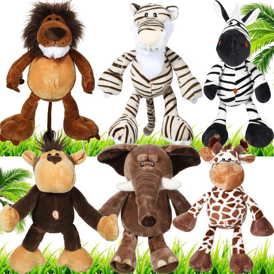 Zhanmai 6 Pieces Safari Stuffed Animals Plush Jungle Toys Set for Boys Girls, Lion Elephant Zebra Giraffe Tiger Monkey for Animal Themed Parties Student Party Decoration (Novel Style)