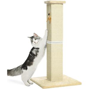 Made4Pets Cat Scratching Post, 32 Inch Natural Sisal Cat Scratcher with Kitten Toy, Tall Scratching Post for Indoor Cats Adults and Kittens, Beige