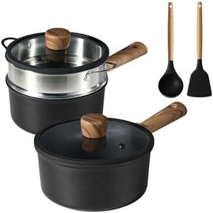 CAROTE 7 PCS Nonstick Sauce Pan Set, 2.0Qt & 2.5Qt Sauce Pots with Lid, Steamer Basket, Silicone Spatula and Spoon with Wooden Handle, Titanium Induction Cooking Pot with Stay-Cool Handle, Black