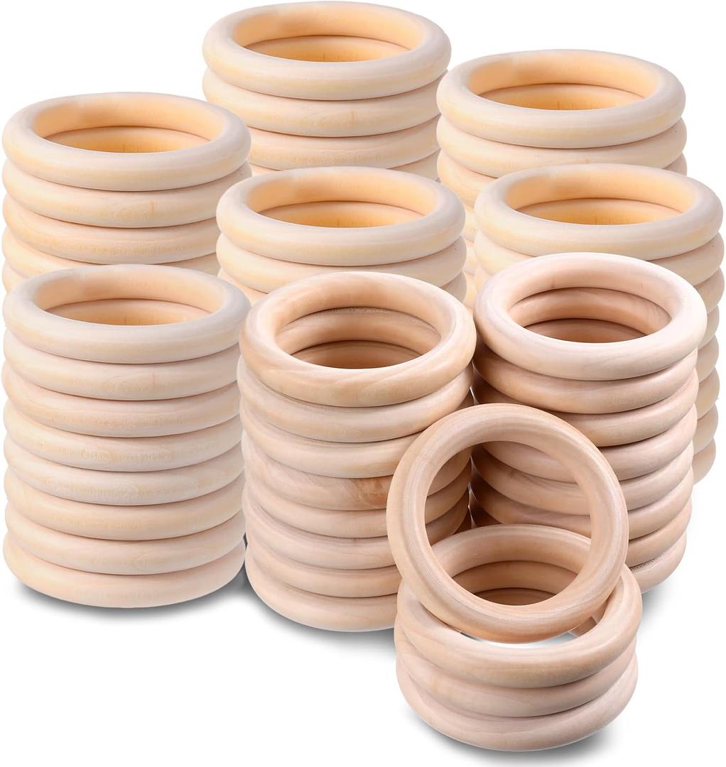 80PCS 3 inch Wooden Rings for Crafts Unfinished Macrame Wooden Rings Smooth Wood Rings Solid Natural Wood Circles Rings for Jewelry Making DIY Craft Macrame Decor