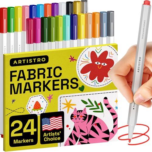 ARTISTRO 24 Fabric Markers - 
Fine Tip Fabric Markers Permanent for Clothes - No Bleed Pens for T-Shirts, Bags, Textile, Canvas, and more