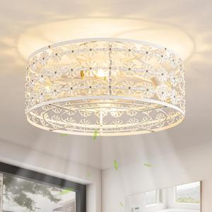 White Caged Ceiling Fan with Light and Remote, Modern Romantic Flower Crystal Ceiling Fans with Lights, Flush Mount Low Profile Fandelier, 6-Speed Reversible for Bedroom,Dining Room,Girls Room,Nursery, Medium