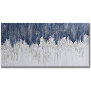 TRAIN2 ART Blue & Silver Canvas Wall Art, Hand Painted Abstract Oil Painting Wall Art on Canvas, Indigo Wall Picture Painting for Living Room Sofa Decoration (Navy Blue, 24X48inch)