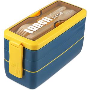 Iteryn Bento Box Lunch Box, 3-In-1 Compartment Containers - Wheat Straw, Leakproof Eco-Friendly Stackable Bento Lunch Box Meal Prep (Lemon Yellow)