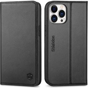 SHIELDON Case for iPhone 12 Pro Max 5G, Genuine Leather Wallet Case Magnetic RFID Blocking Card Holder Kickstand Shockproof Cover Compatible with iPhone 12 Pro Max (6.7" 2020) - Black