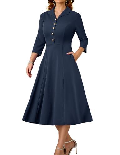 DRESSTELLS Women's Cocktail Vintage Dresses, Modest Winter Wedding Guest Holiday Party Church Work Dress, Long Sleeve Formal Funeral Dress Navy XXL