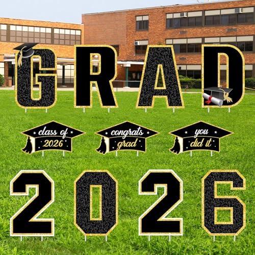 Subacy 11 PCS Class of 2026 Graduation Yard Signs with Stakes, Waterproof Outdoor Congrats Grad Lawn Decorations for High School College Grad Party Supplies(Black&Gold)