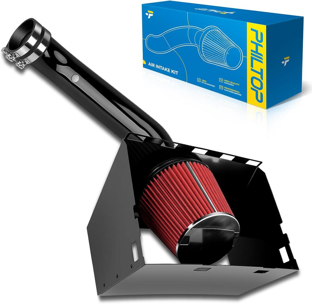 PHILTOP 3.5 Cold Air Intake Kit System + Heat Shield Compatible with 2002 2003 2004 2005 2006 2007 2008 Dodge Ram 1500/2500, High Performance, Red
