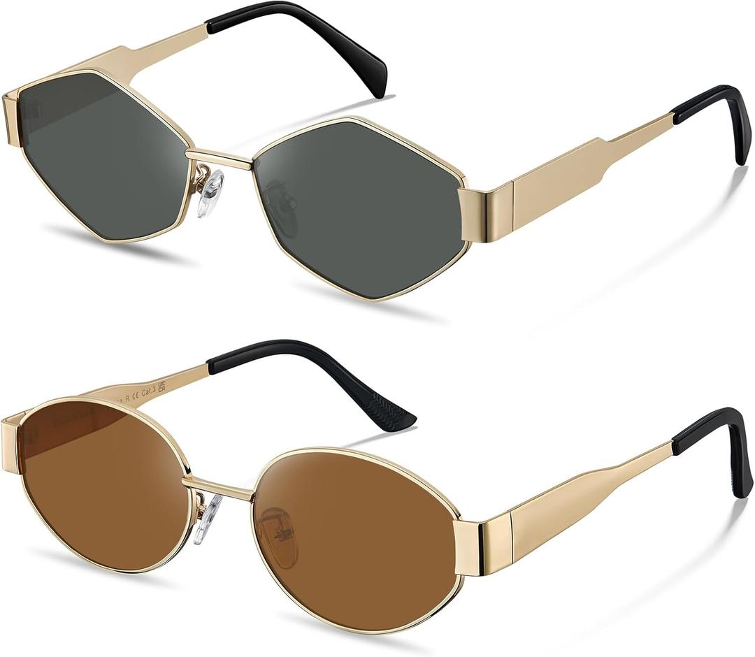 2 x STGATN 2 Packs Trendy Sunglasses for Women Retro Oval & Stylish Hexagon Gold Metal Sun Glasses UV Protection Vintage Shades