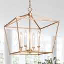 KSANA Gold Chandelier, 4-Light Modern Linear Chandeliers, Pendant Cage Lantern Hanging Light Fixtures for Dining Rooms, Foyer, Living Room, Bedroom and Kitchen Island