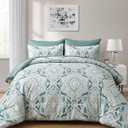 WONGS BEDDING Aqua Comforter Set King Size, 7 Pieces Bed in a Bag Boho Damask Pattern Comforter with Sheet Set, Soft Lightweight Micorfiber Bedding Set for All Seaaon(104"×90")