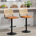 Finnhomy Modern Rattan Bar Stools Set of 2 - Natural Woven Design, Swivel Seat, Footrest, and Cane Backrest, Height Adjustable Bar Chairs for Kitchen Counter and Dining Room, Whiskey Brown (Square Pu Whisky)