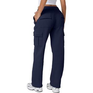 QINSEN Womens Medium Waist Baggy Elastic Waist Sweatpants Casual Fleece Long Pants with Pockets (Large, Navy)