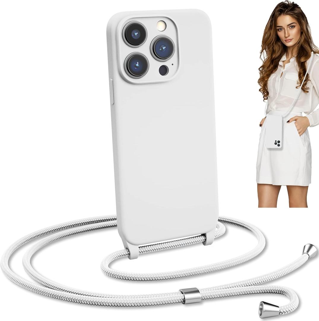 Blaspins Crossbody Lanyard Strap Case for iPhone 16 Pro, Hands-Free Neck Cross Body Wrist, Adjustable Rope Removable, Drop Protection Shockproof Silicone Case 6.3 inch, 160 cm Strap, iP16Pro - White
