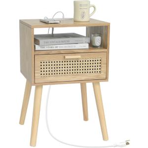 MaxSmeo Bedside Table, Small Nightstand with Charging Station, Rattan Side Table Wood End Table for Living Room, Bedroom and Small Spaces, Mid Century Modern Nightstand, Easy Assembly (Natural)