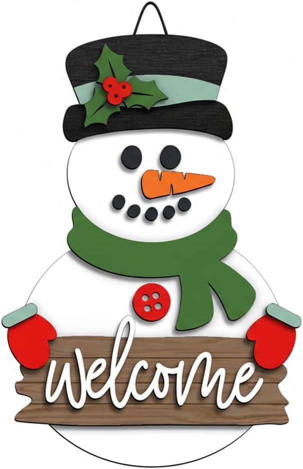 2 x Handcrafted Snowman Welcome Door Hanger Sign - Festive Winter Christmas Home Decor Door Decorations