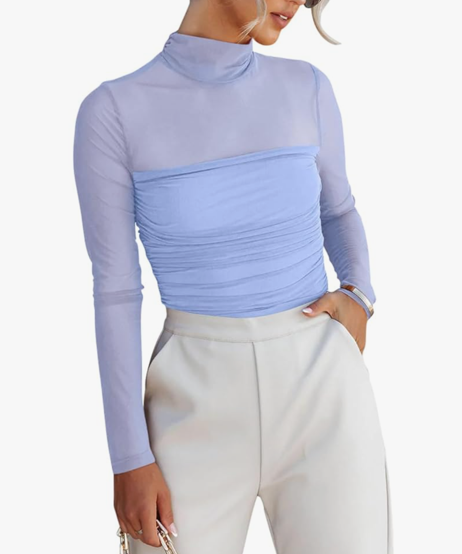 REORIA Women’s Trendy Sexy Mock Turtle Neck Long Sleeve Sheer Mesh Ruched Going Out Bodysuits Tops, Size L