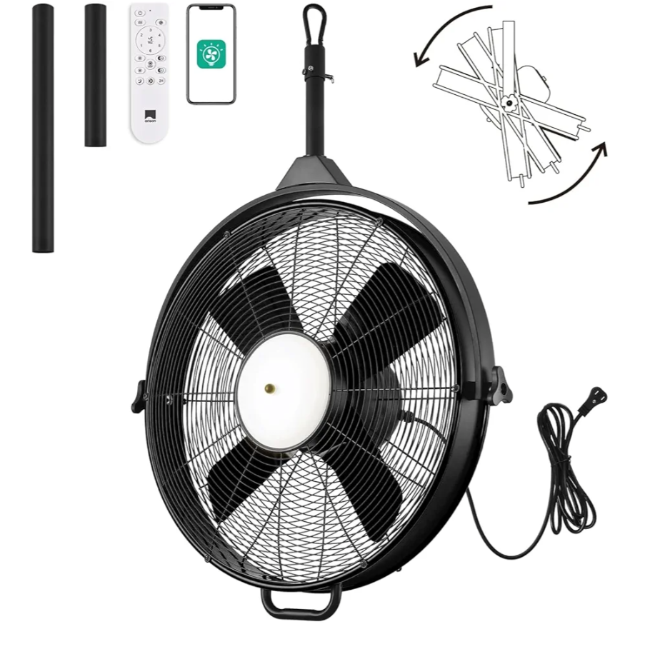 Orison 24.8'' Waterproof Outdoor Ceiling Fan, 6 Speed Ceiling Mounted Plug-In Cord Garage Fan with Remote&APP, 360-degree Manual Vertical Rotation, Hook hanging for Gazebo, Patio, Pergola (Black)