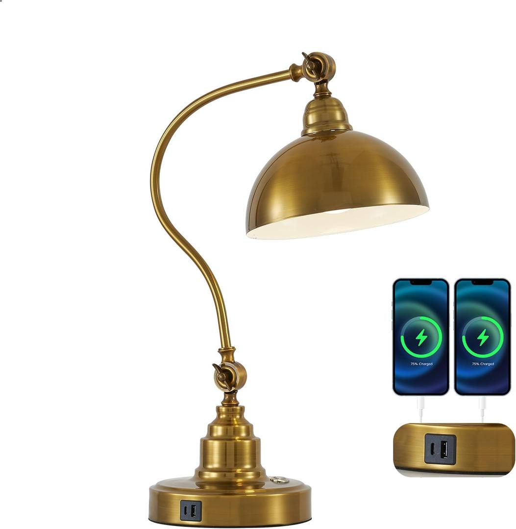 Antique Gold Vintage Desk Lamp Decorative Table Lamp for Home Office Living Room Bedroom Desk Light, Rustic Industrial Farmhouse Antique Library Study Desk Lamp E26 LED Bulb Included