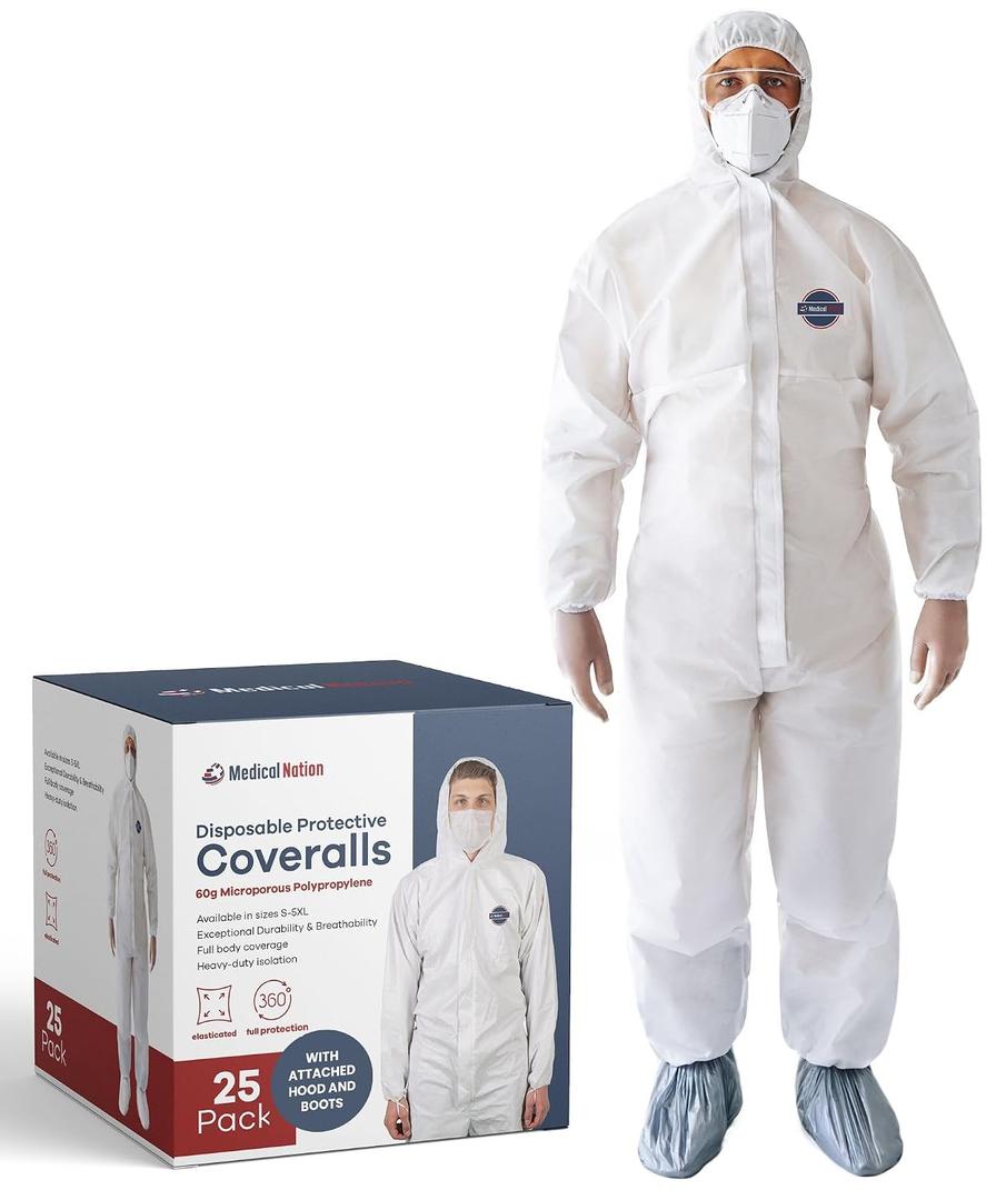 Medical Nation Hazmat Suits Disposable | 25 Pack | Protective Coveralls with Attached Hood and Boots | Heavy Duty Full Body Painters Suit for Adults - Breathable & Water Resistant | Extra Large