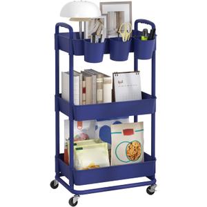 JIUYOTREE 3-Tier Plastic Rolling Storage Cart Utility Cart with Extra Hanging Cups Handles Lockable Wheels for Living Room Bathroom Kitchen Office Blue