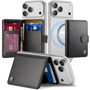 for Magsafe Wallet, Magnetic Phone Wallet with RFID Blocking 6-Card Holder for Men Women Minimalist Slim PU Leather Kickstand for iPhone 17 Air 16 15 14 13 12 Pro Max Plus, Elegant Black