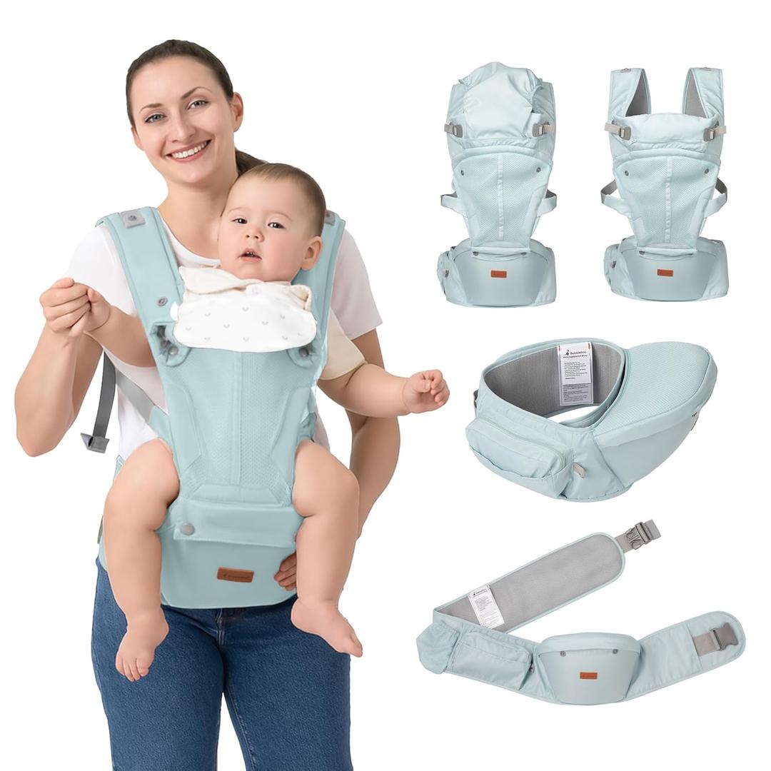 BabbleRoo Grow Carrier  Safety-Certified 6-in-1 Baby Carrier with Hip Seat, Ergonomic & Adjustable Toddler Carrier 7-50 lbs with Hip Support, Hood for Sun Protection, Newborn to Toddler, Seafoam
