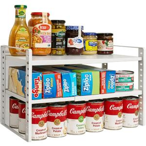 Kitchen Counter Shelf, 2-Tier Expandable Cabinet Organizer Shelf with Multiple Setup, Heavy-Duty Metal Storage Riser for Cupboard, Countertop, Pantry, Coffee Station, Under Sink, Desktop Office, 9.84D * 11.02-19.09W * 11.02H