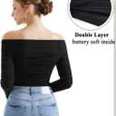 OMKAGI Women Long Sleeve Tops Boat Neck Off Shoulder Shirts Fitted Going Out Y2K Crop Top (Black, S)