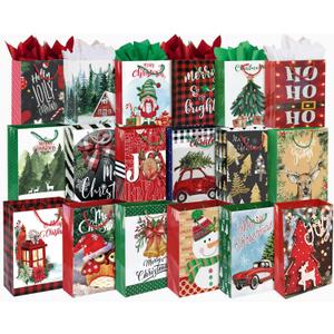 Party Funny 24 Large Christmas Gift Bags Bulk With Handles, 26 Tissue Paper and 60 Count Christmas Gift Tags Set-24 Assorted Designs Big Size Sacks Set For Wrapping Xmas Holiday Presents (Rustic Farmhouse Christmas)
