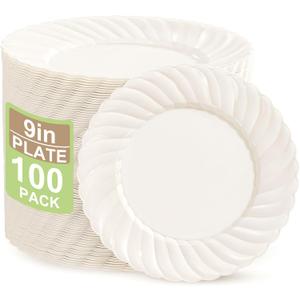 U-QE 100 Count 9 Inch Ivory Plastic Plates for Christmas - Scalloped Disposable Christmas Dinner Plates - Premium Hard Fancy Disposable Heavy Duty Party Supplies for Celebrations, and Events