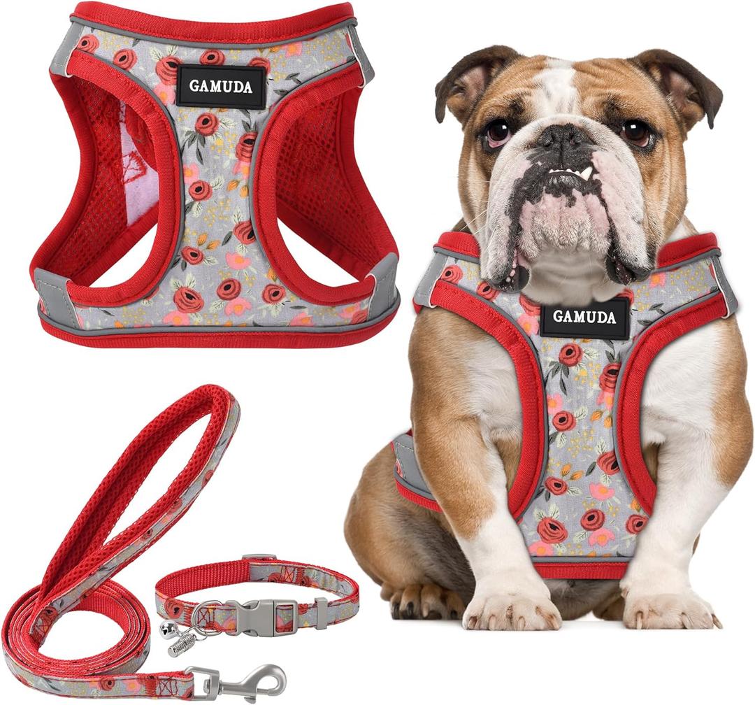 GAMUDA Small Dog Harness Collar and Leash Set, Step in No Chock No Pull Soft Mesh Adjustable Dog Vest Harnesses Plaid Reflective for Dogs Puppy Cats Kitten Rabbit (Red Flower, Large)