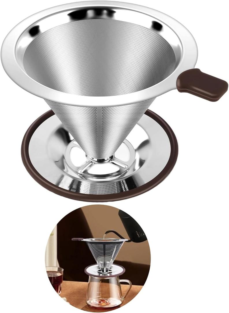 Reusable Paperless Coffee Filter,Coffee Dripper,Professional Stainless Steel Drip Cone Brew Coffee Strainer,Double Micro Mesh Filter,Coffee Filter Mug,Silicone Handle & Non-Slip Silicone Base (L)