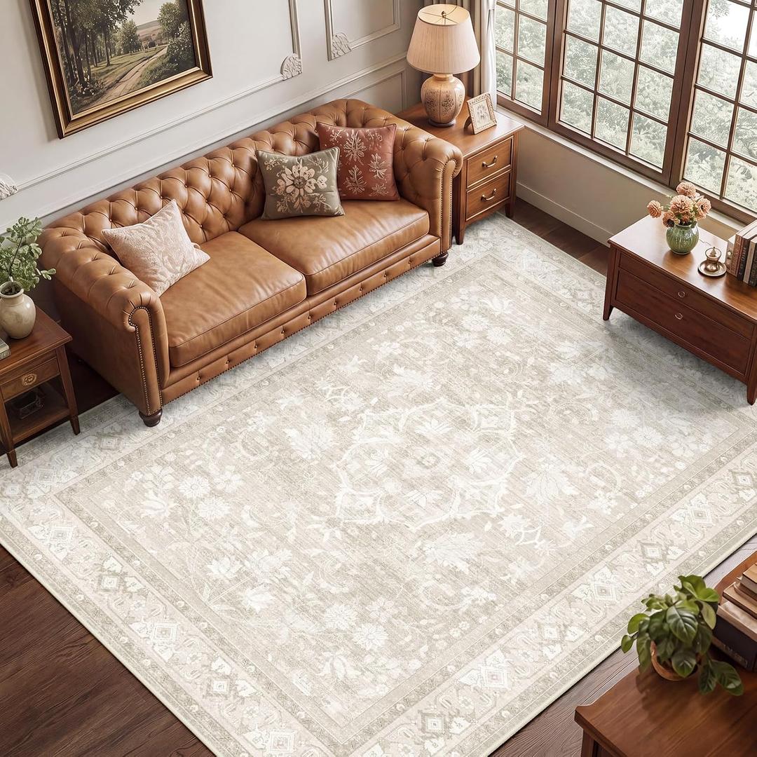 6x9 Area Rug Living Room, Vintage Neutral Washable Carpet Beige